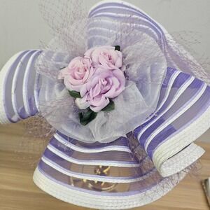 Vintage‎ 80s Derby Hat Women Purple Stripe Floral Straw Mesh Fascinator Kentucky